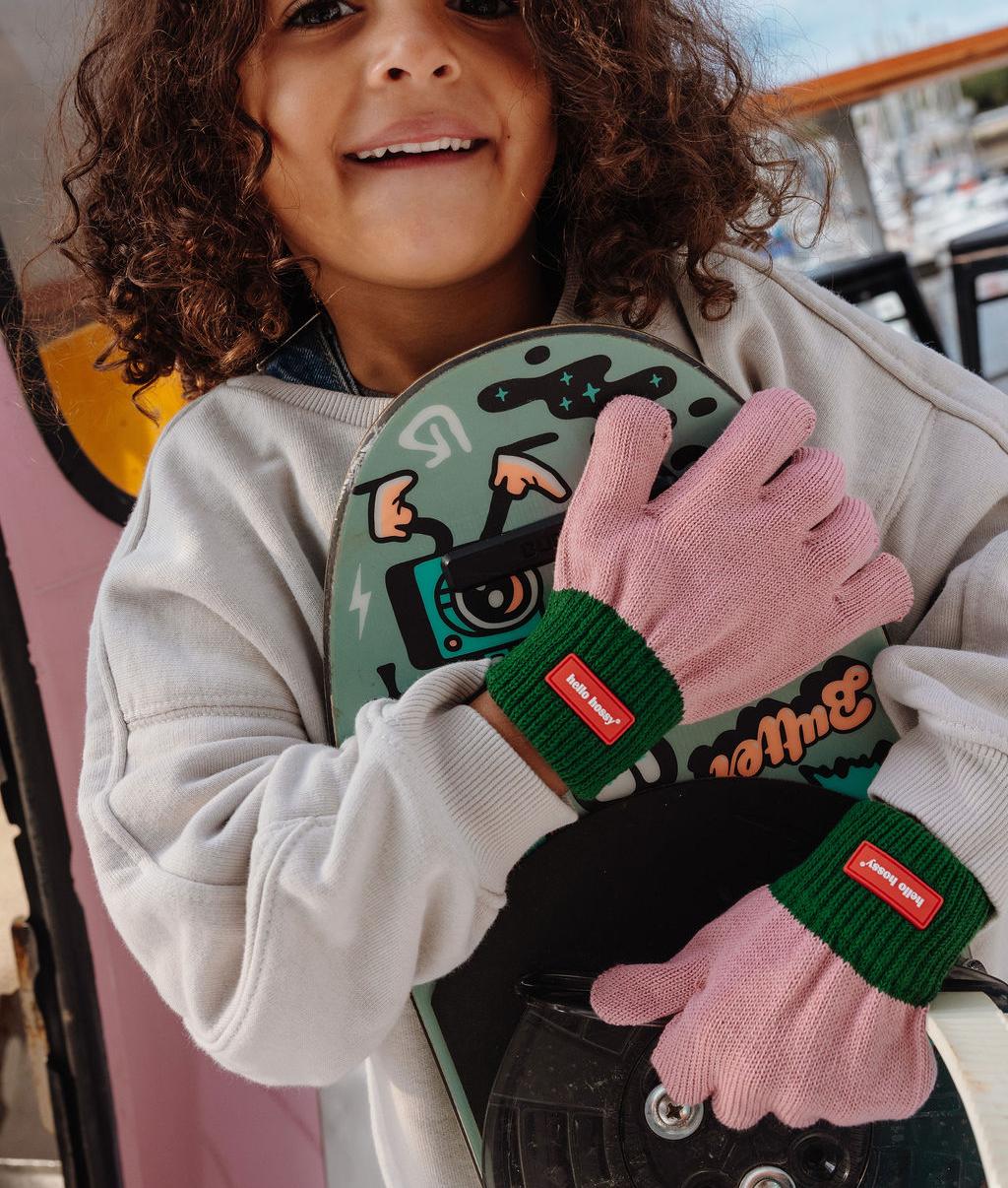 Gants enfant maille bicolore rose vert étiquette Hello Hossy