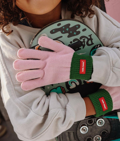 Gants enfant rose vert maille fine étiquette Hello Hossy