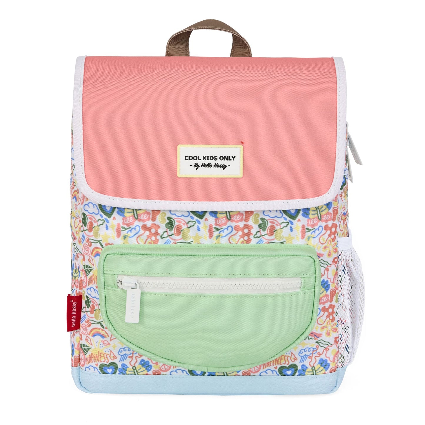 Sac à dos enfant blanc rose imprimé fleurs poche verte Hello Hossy