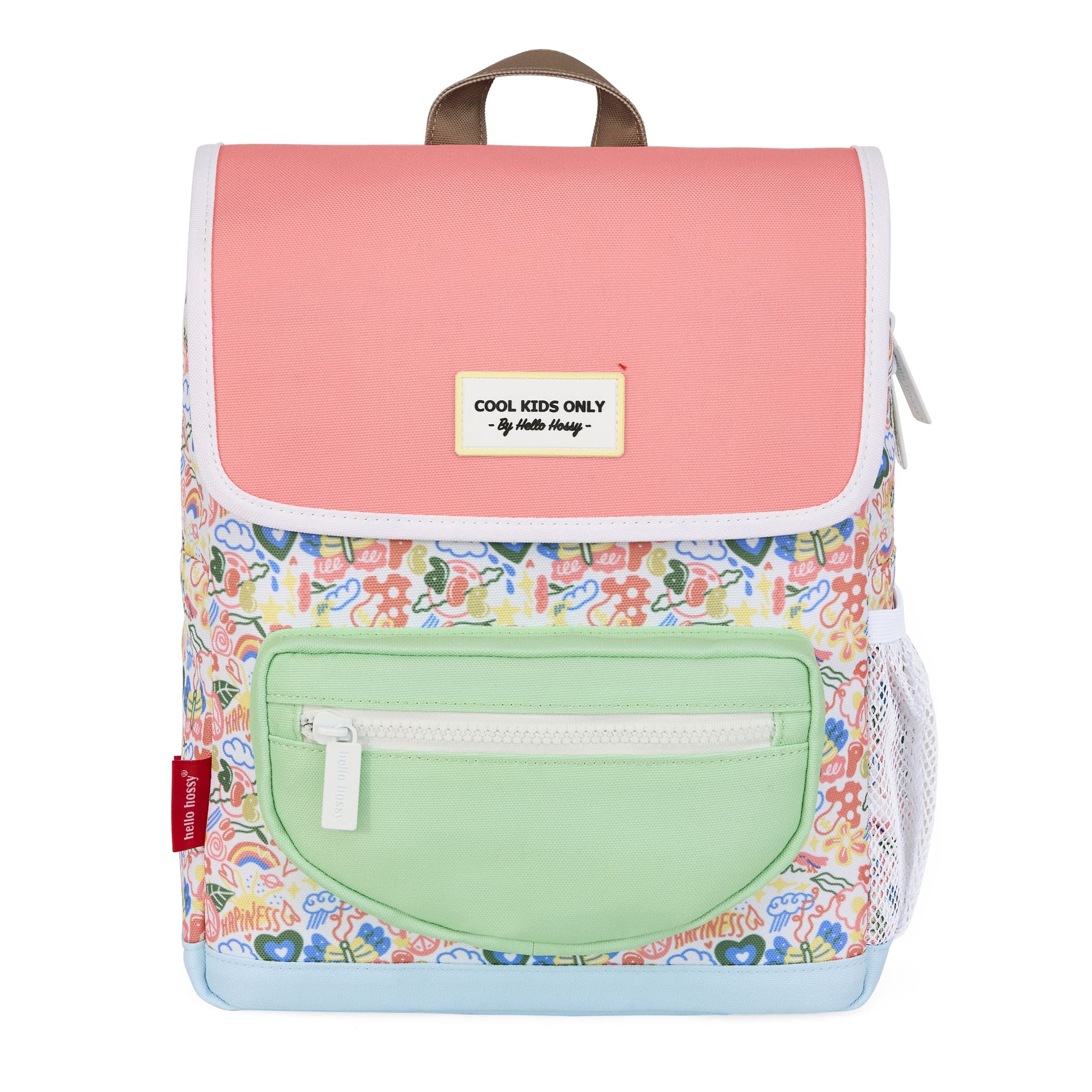 Sac à dos enfant blanc rose imprimé fleurs poche verte Hello Hossy