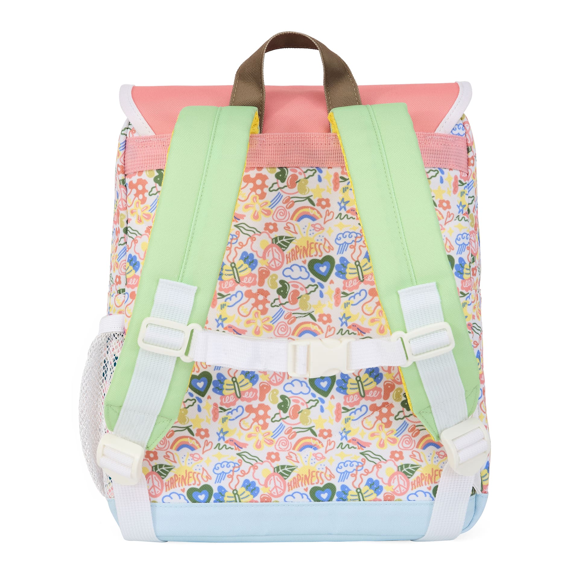 Sac à dos enfant blanc rose imprimé fleurs bretelles vertes Hello Hossy