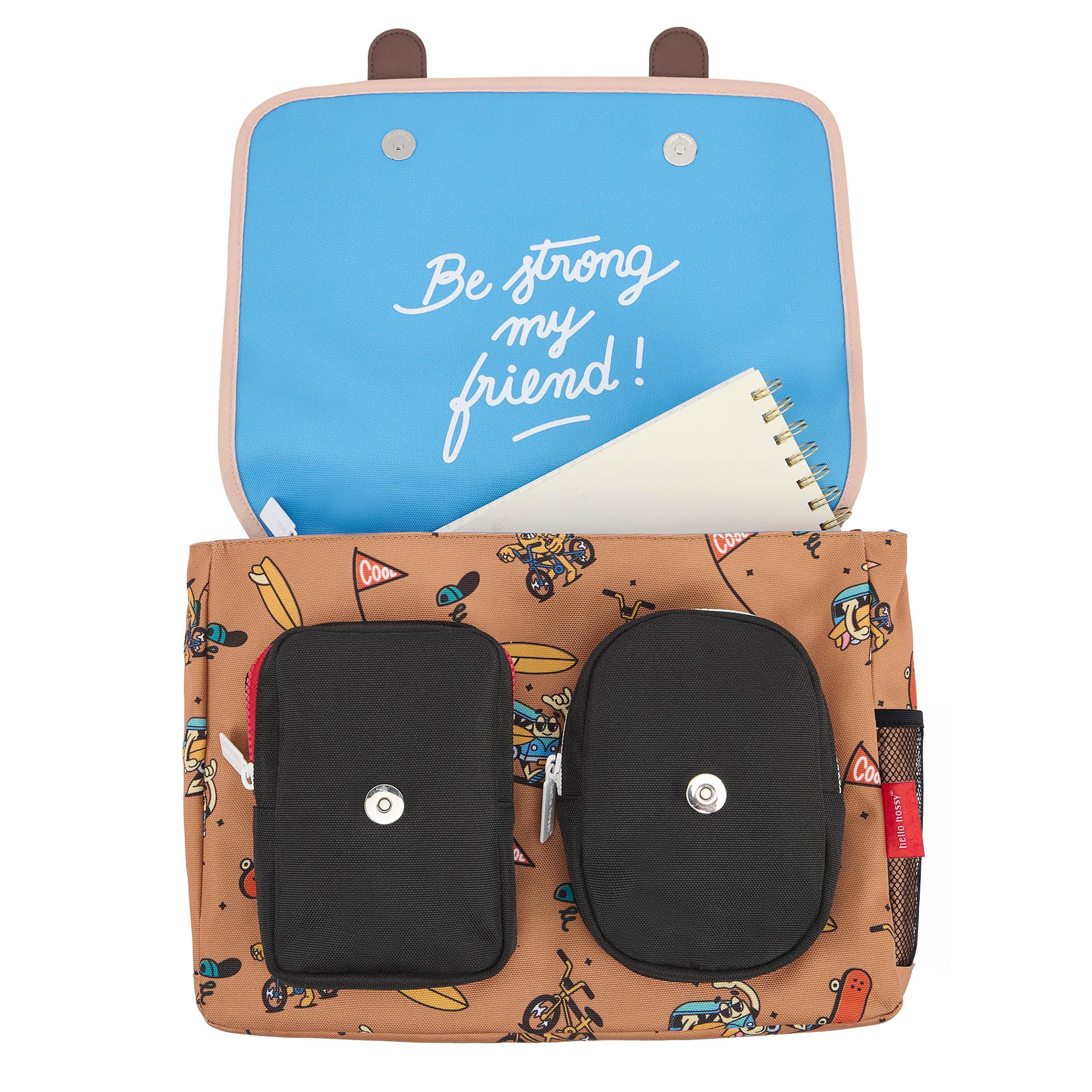 Cartable enfant marron motif mascotte vélo poche noire Hello Hossy