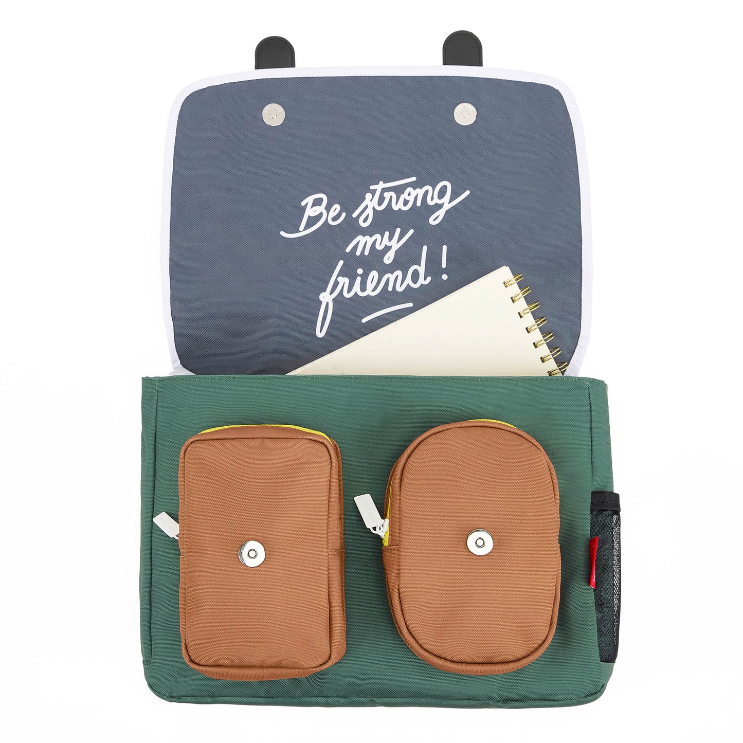 Cartable enfant vert avec poches marron fermeture pression Hello Hossy
