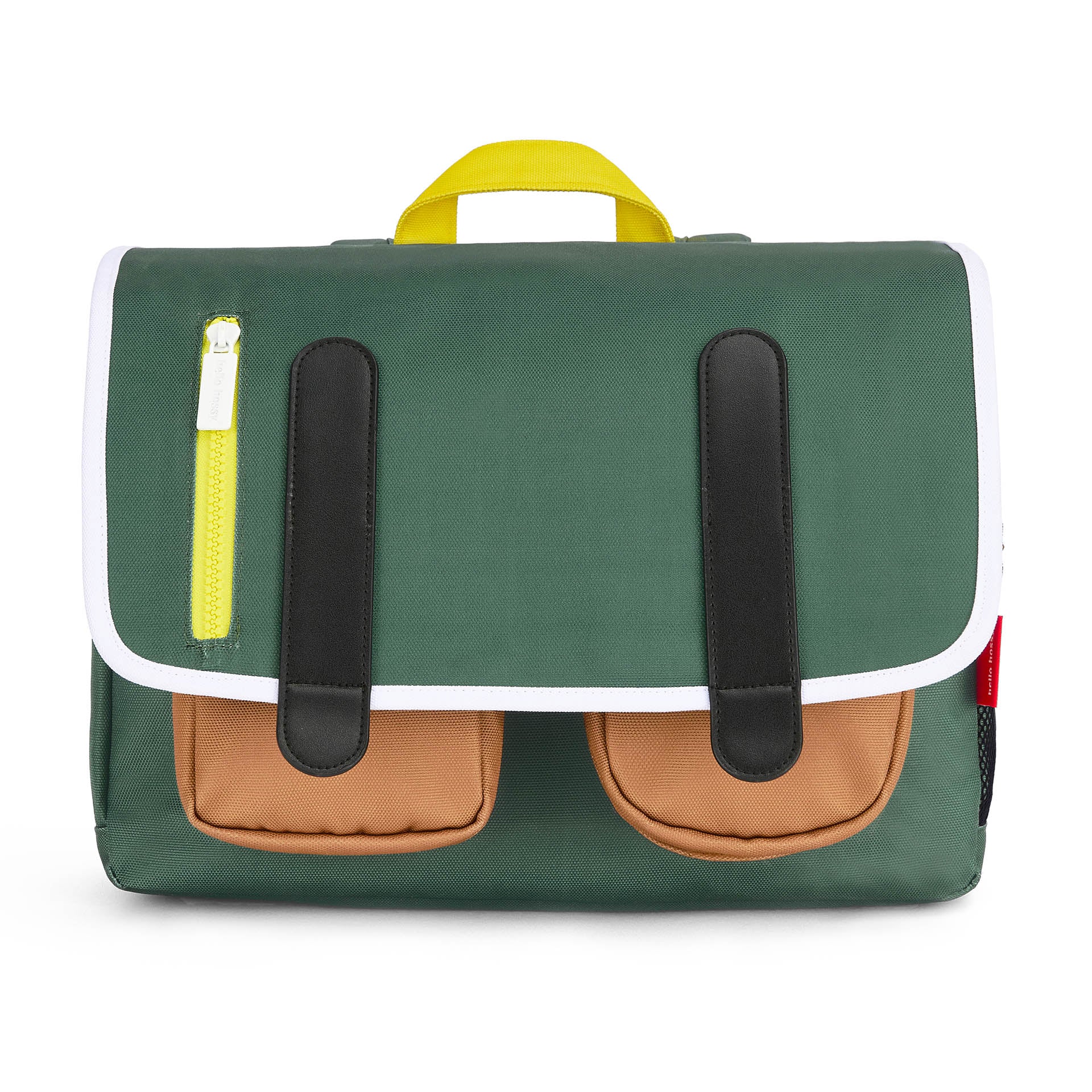 Cartable enfant vert poches marron fermeture jaune Hello Hossy