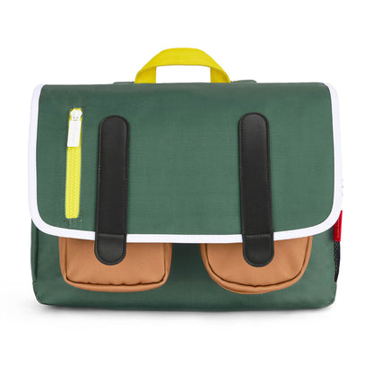 Cartable enfant vert poches marron fermeture jaune Hello Hossy