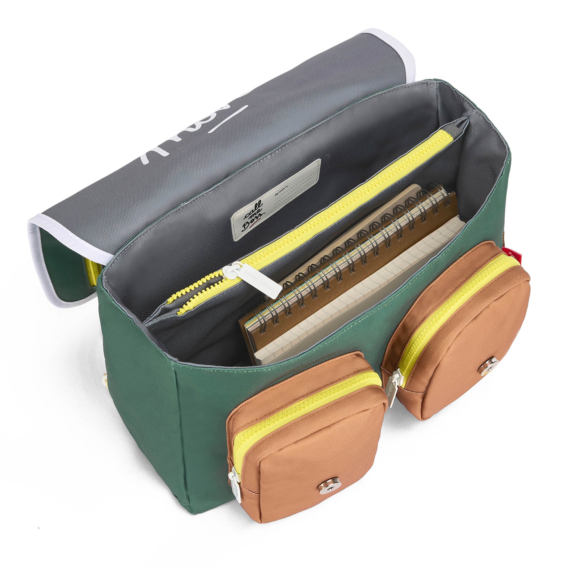 Cartable enfant vert poches marron jaune Hello Hossy