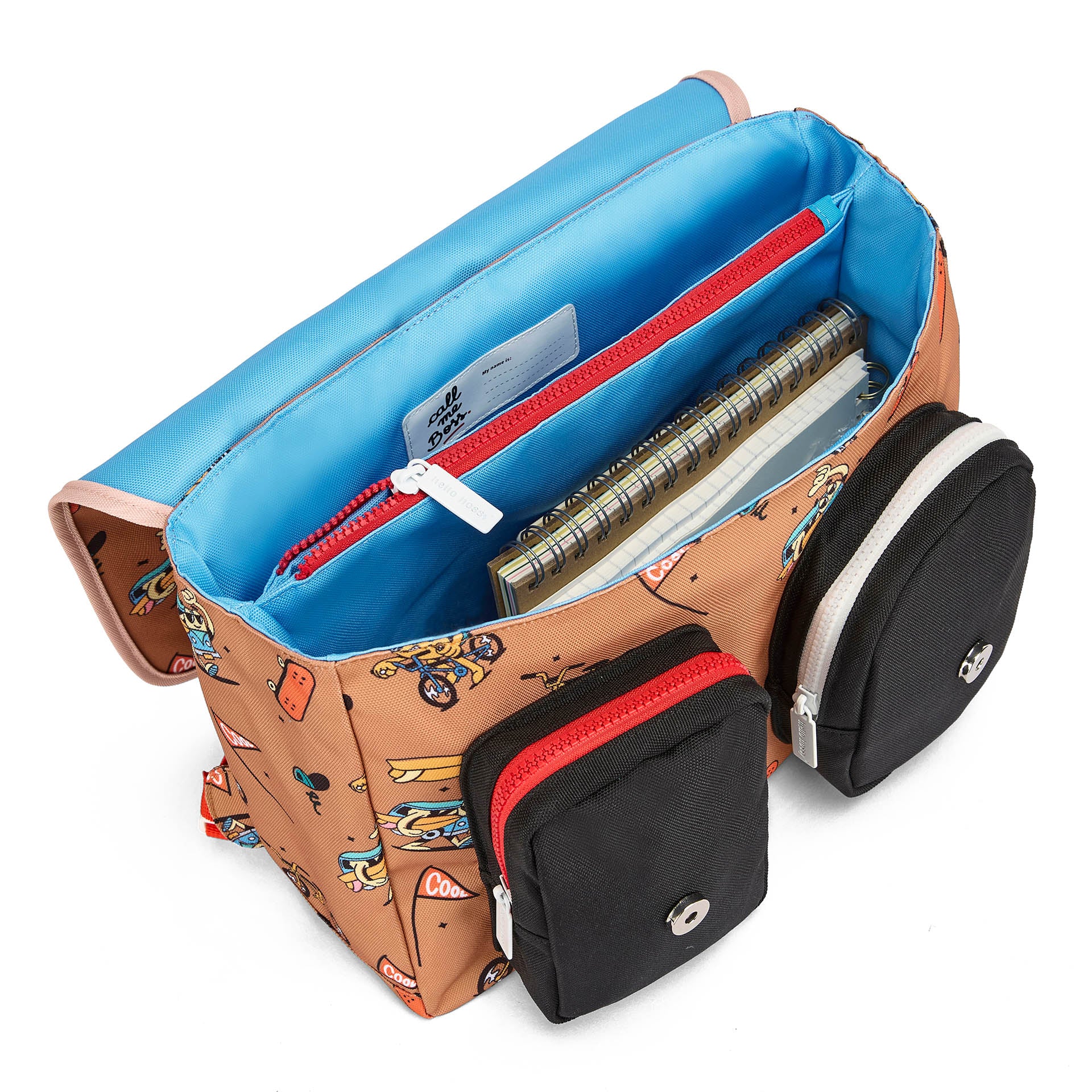 Cartable enfant marron imprimé mascotte vélo poches avant Hello Hossy