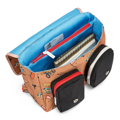 Cartable enfant marron imprimé mascotte vélo poches avant Hello Hossy