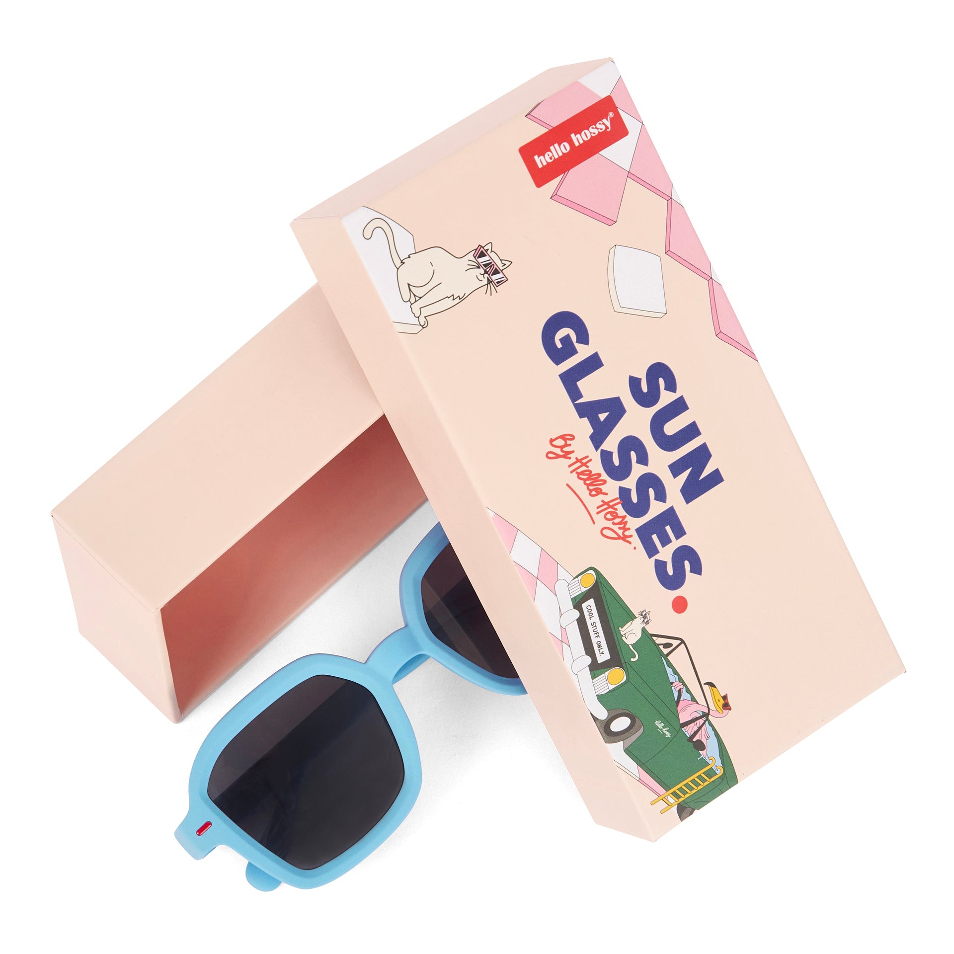 Lunettes de soleil enfant bleu forme carrée avec packaging Hello Hossy
