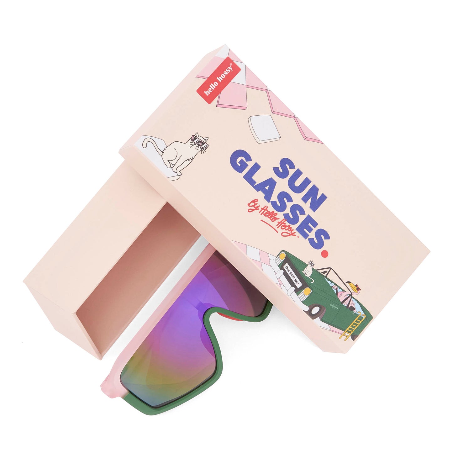 Lunettes de soleil enfant rose vert forme masque avec packaging Hello Hossy