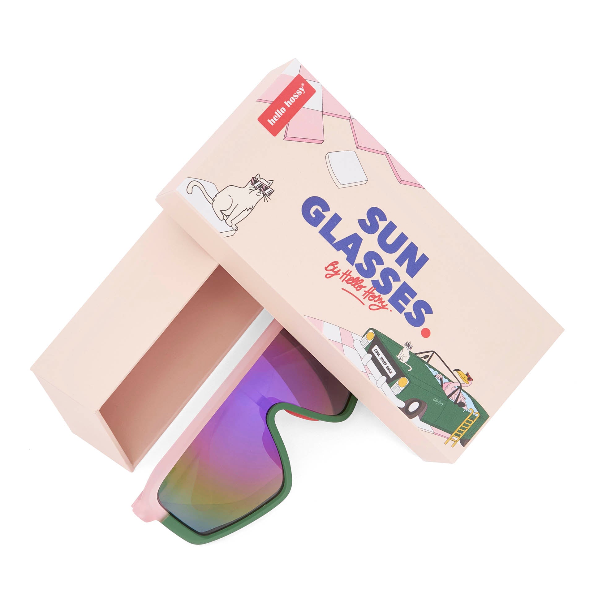 Lunettes de soleil enfant rose vert forme masque avec packaging Hello Hossy