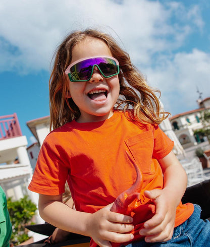 Lunettes enfant vert rose verres miroir large forme sport Hello Hossy