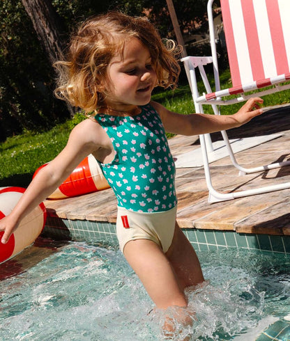 Maillot fille vert jaune rose motif fleurs Hello Hossy