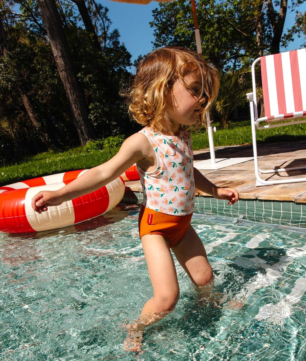 Maillot fille rose orange imprimé fleurs Hello Hossy