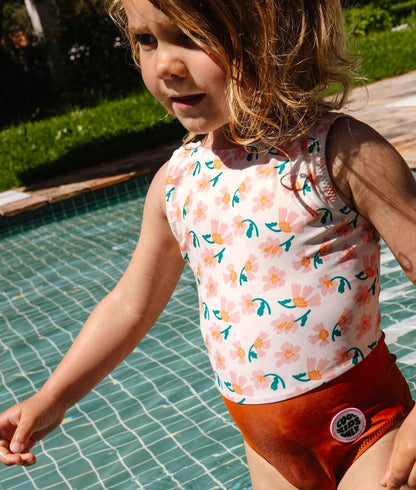 Maillot fille rose orange imprimé fleurs patch rond Hello Hossy
