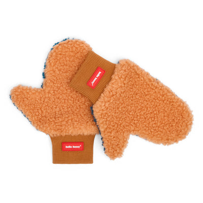 Moufles enfant camel doublure polaire bicolore étiquette rouge Hello Hossy