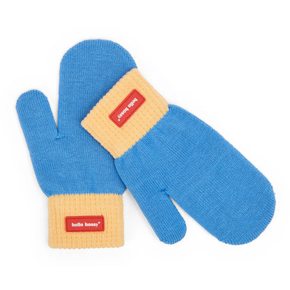 Moufles enfant bleu beige étiquette rouge Hello Hossy