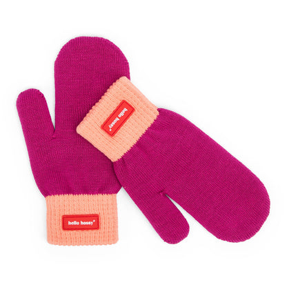 Moufles enfant violet bord orange étiquette rouge Hello Hossy