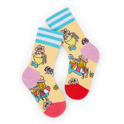 Chaussettes enfant jaunes motifs fleurs personnage rouges et bleues Hello Hossy