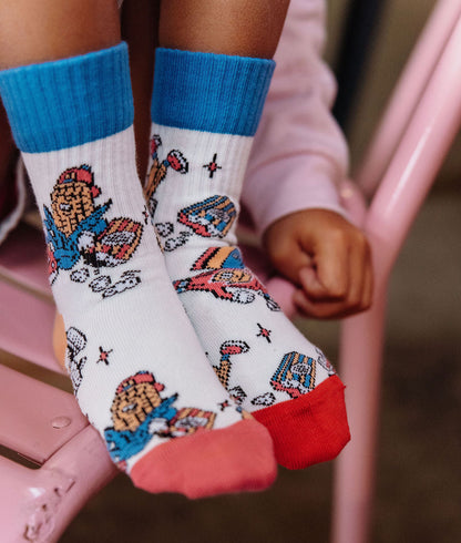 Chaussettes enfant blanches motifs mascotte bleus et rouges Hello Hossy