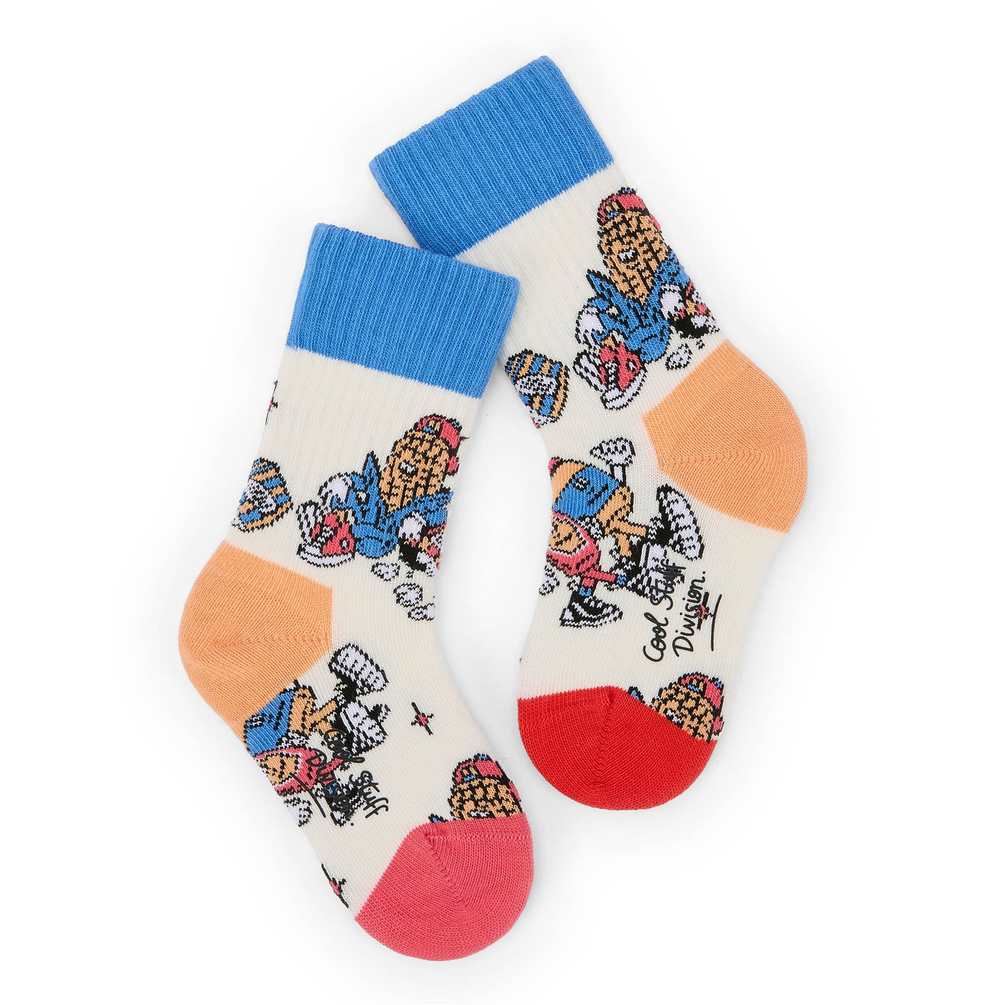 Chaussettes enfant motif mascotte bleu rouge et orange Hello Hossy