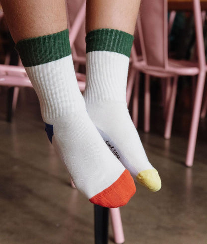 Chaussettes enfant blanches bords verts bouts orange jaune Hello Hossy