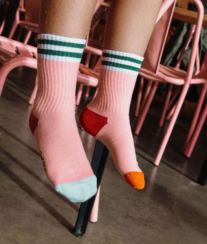 Chaussettes enfant rose rayures vertes bouts orange et bleu Hello Hossy