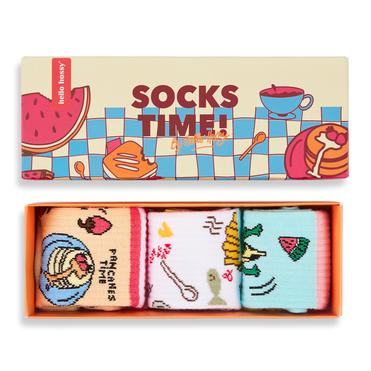 Pack de 3 paires de chaussettes pour enfant motif nourriture dans leur coffret – vue du dessus