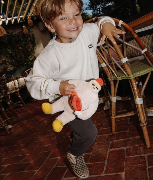 Garçon qui court avec la peluche Frosty Yeti dans sa main - vue de face - Hello Hossy