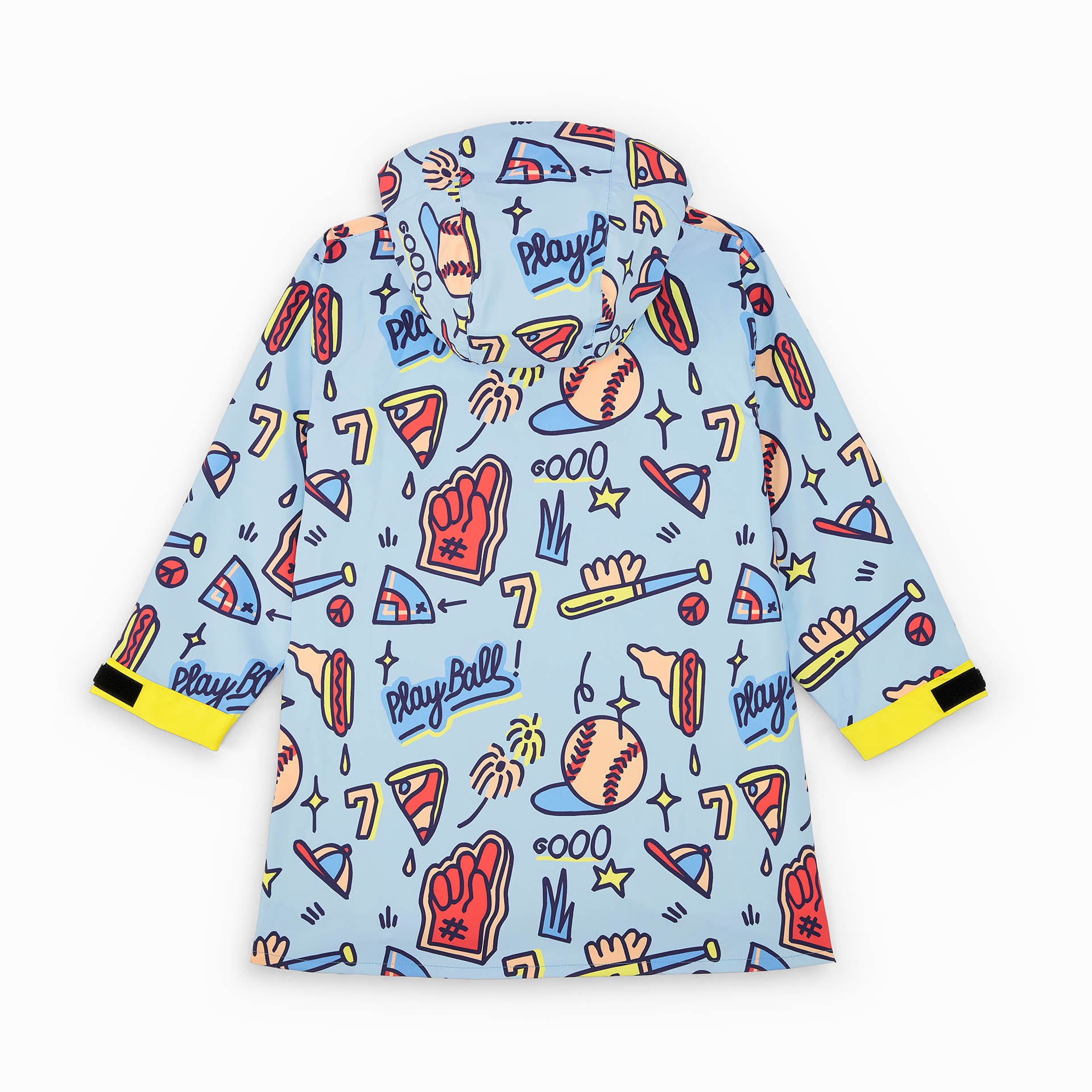 Poncho de pluie enfant bleu imprimé sport baseball poches jaunes Hello Hossy