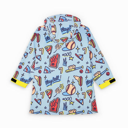 Poncho de pluie enfant bleu imprimé sport baseball poches jaunes Hello Hossy