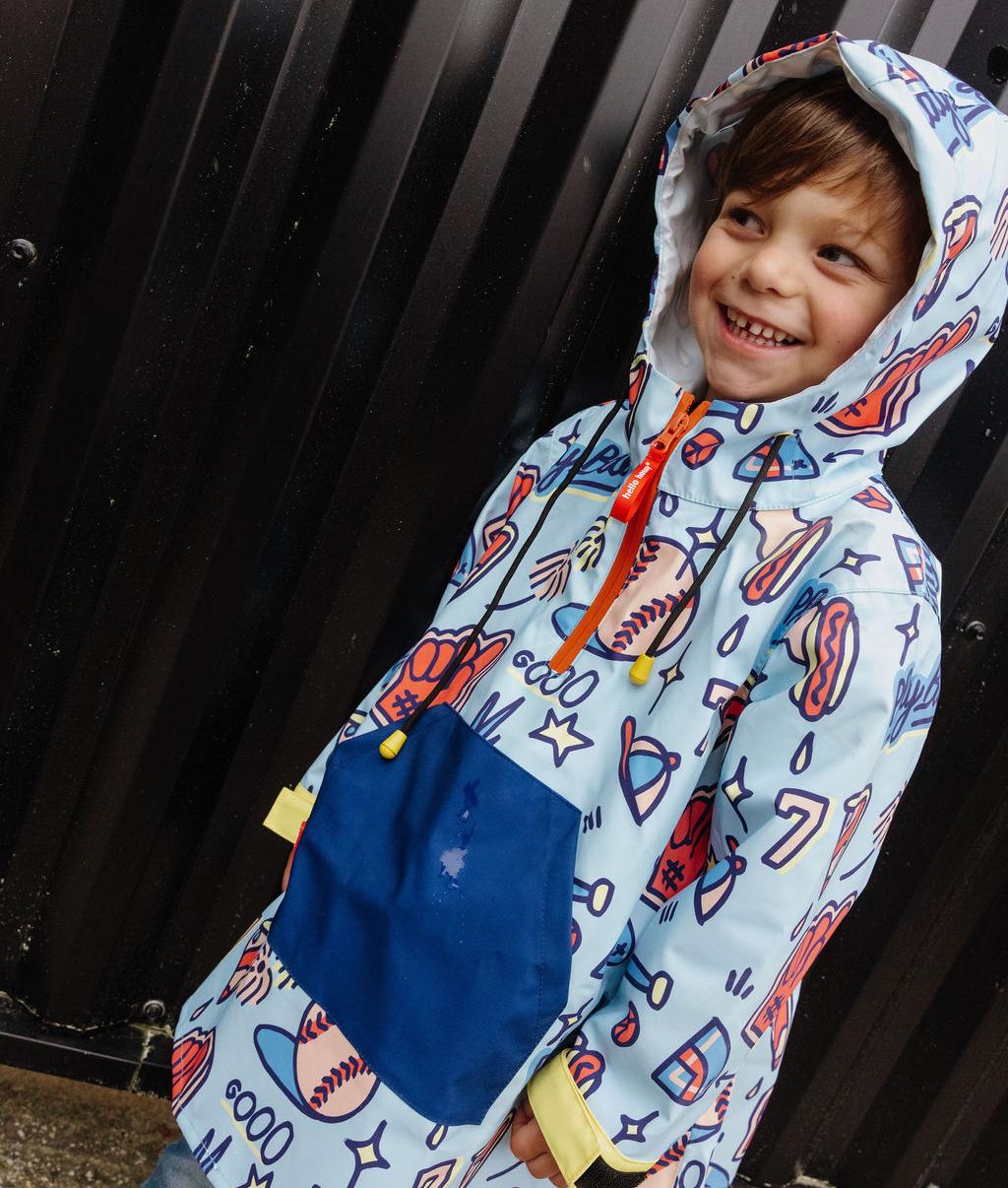 Poncho pluie enfant bleu imprimé sport grande poche capuche Hello Hossy