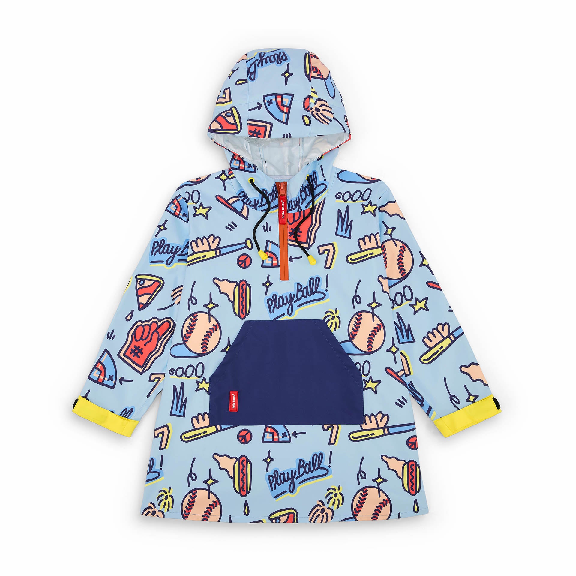 Poncho de pluie enfant bleu imprimé baseball poche avant bleue Hello Hossy