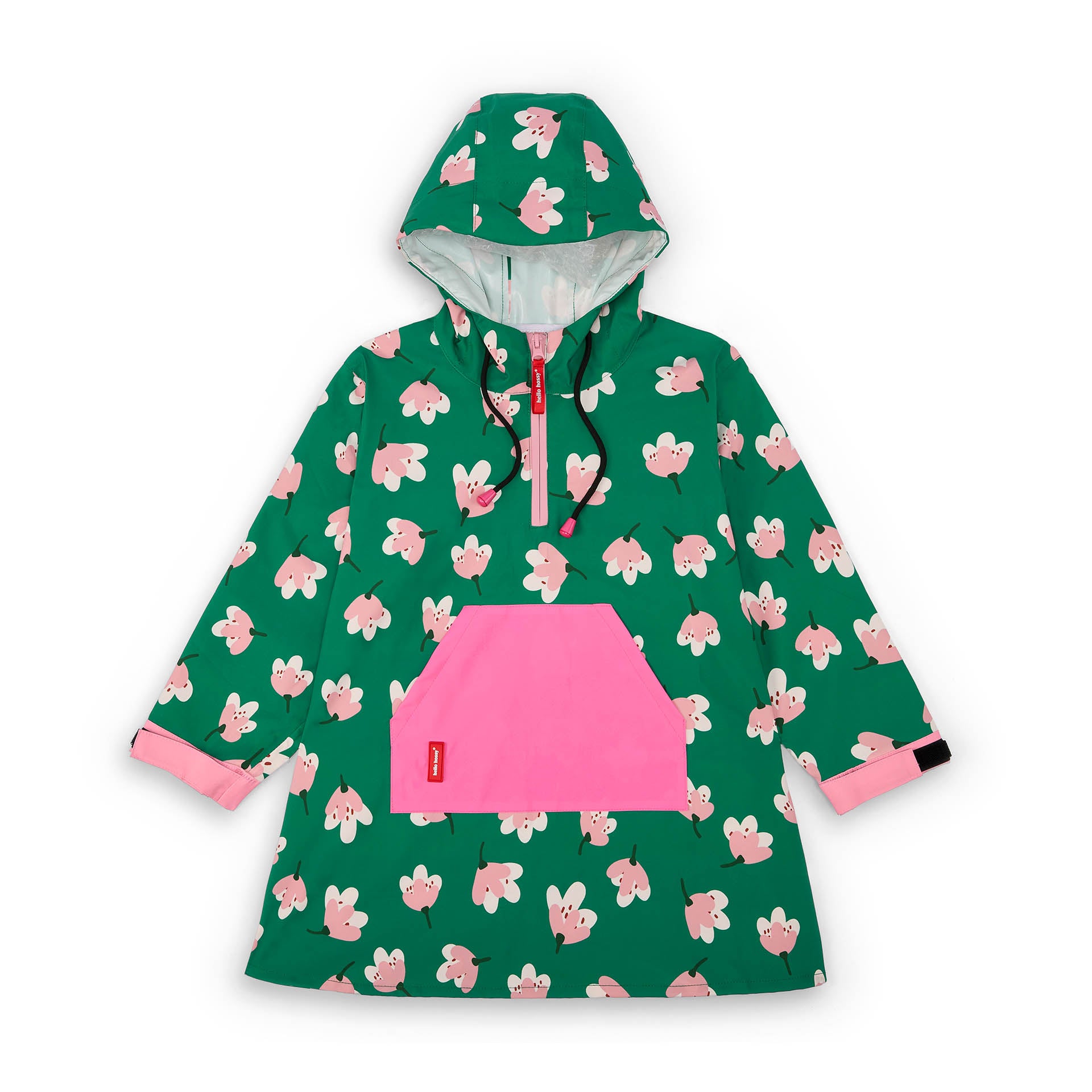 Poncho de pluie enfant vert imprimé fleurs poche rose capuche ajustable Hello Hossy