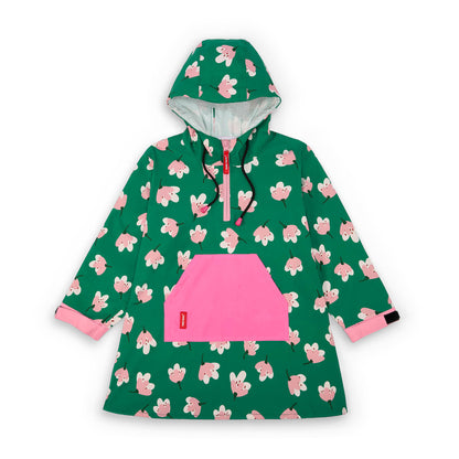 Poncho de pluie enfant vert imprimé fleurs poche rose capuche ajustable Hello Hossy