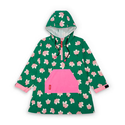 Poncho de pluie enfant vert imprimé fleurs poche rose capuche ajustable Hello Hossy