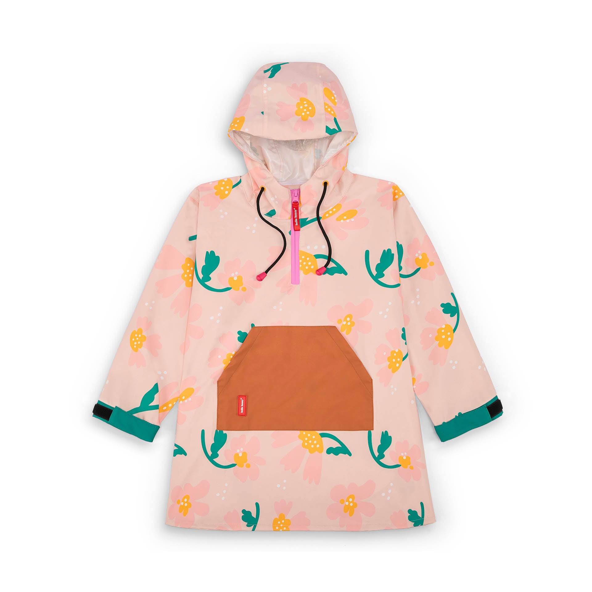 Poncho de pluie enfant rose motif fleurs poche camel Hello Hossy