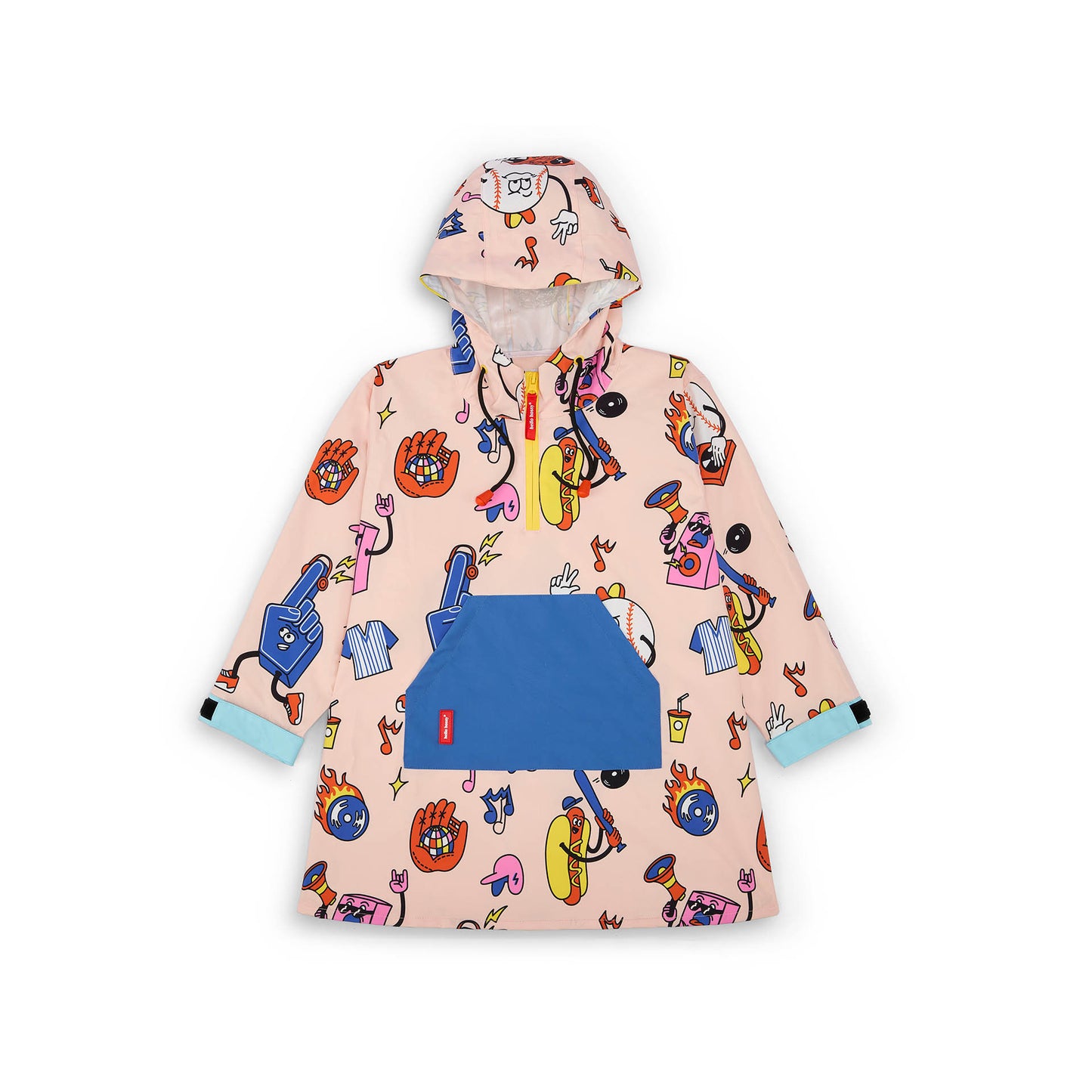 Poncho de pluie enfant rose imprimé coloré poche bleue Hello Hossy