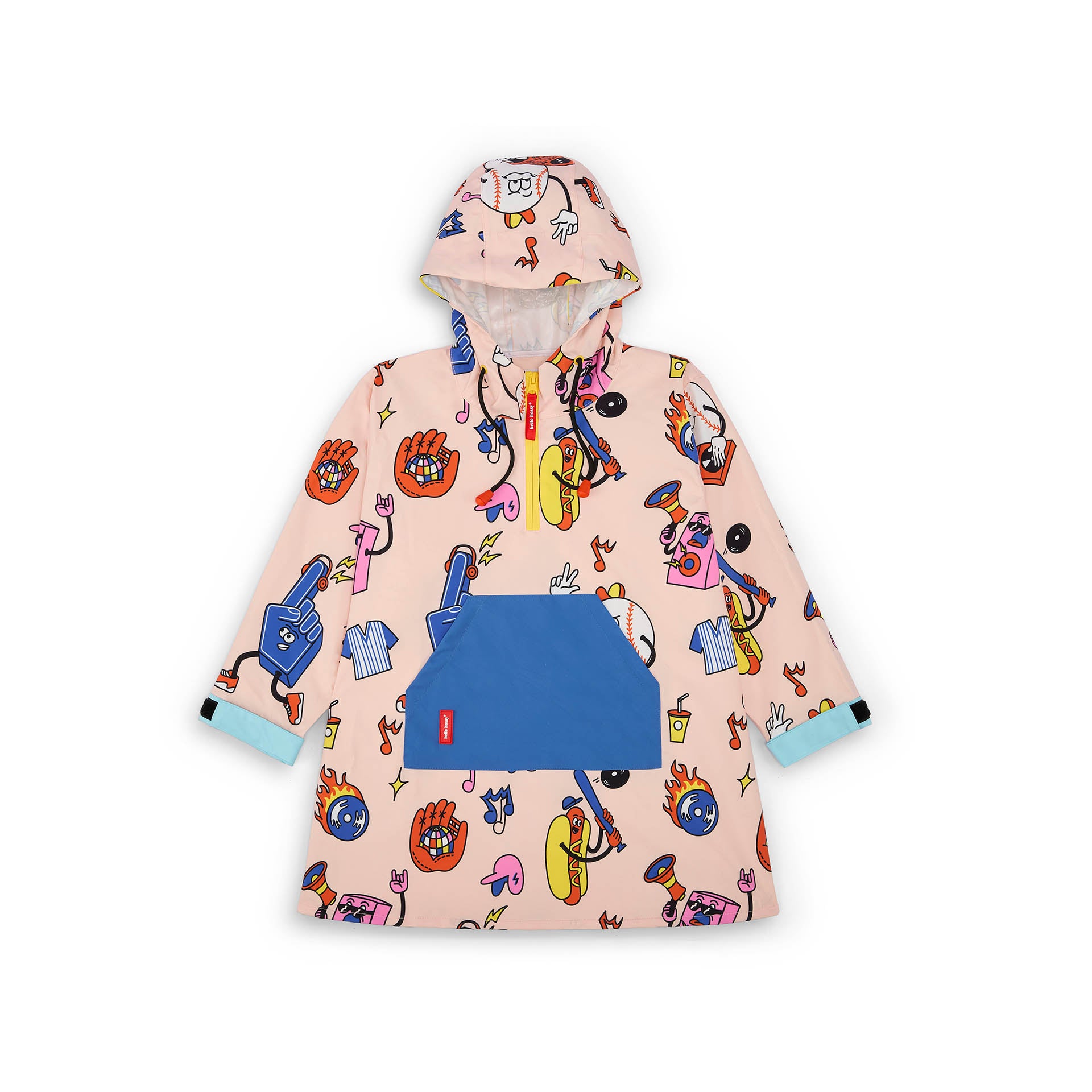 Poncho de pluie enfant rose imprimé coloré poche bleue Hello Hossy