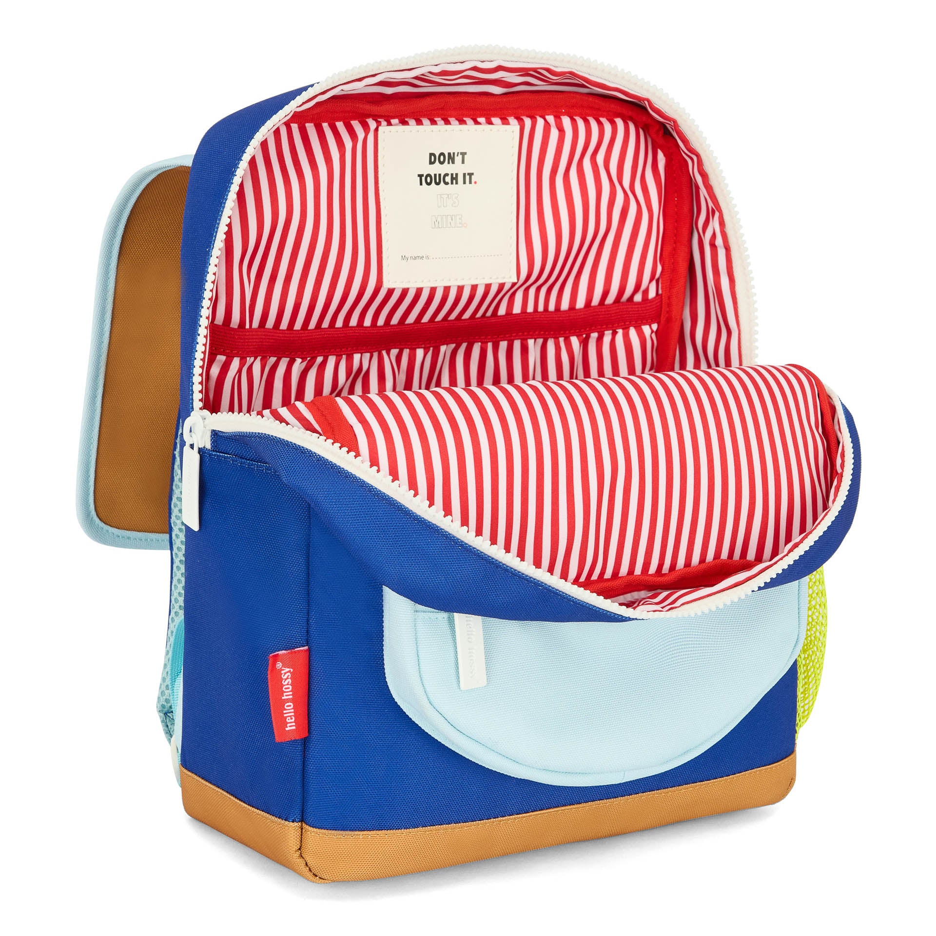 Sac à dos enfant bleu intérieur rayé rouge blanc poche avant Hello Hossy