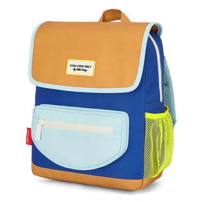 Sac à dos enfant bleu marron poche avant filet jaune Hello Hossy