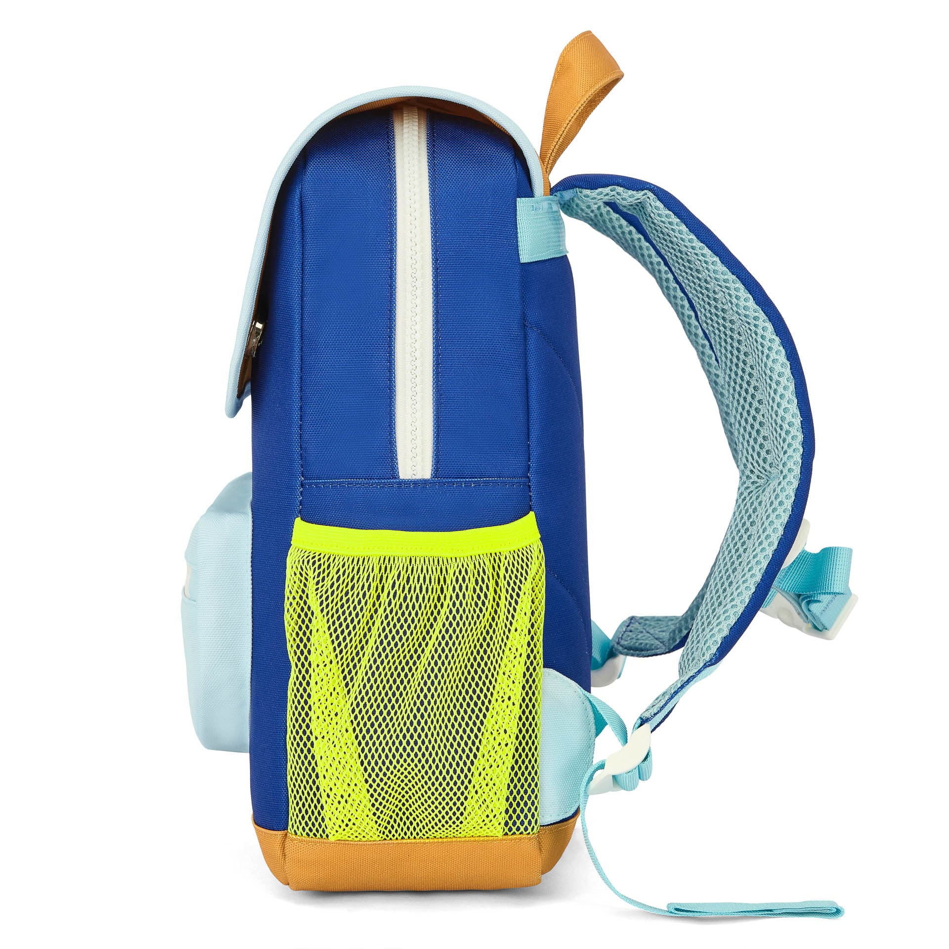 Sac à dos enfant bleu poche filet jaune bretelles rembourrées Hello Hossy