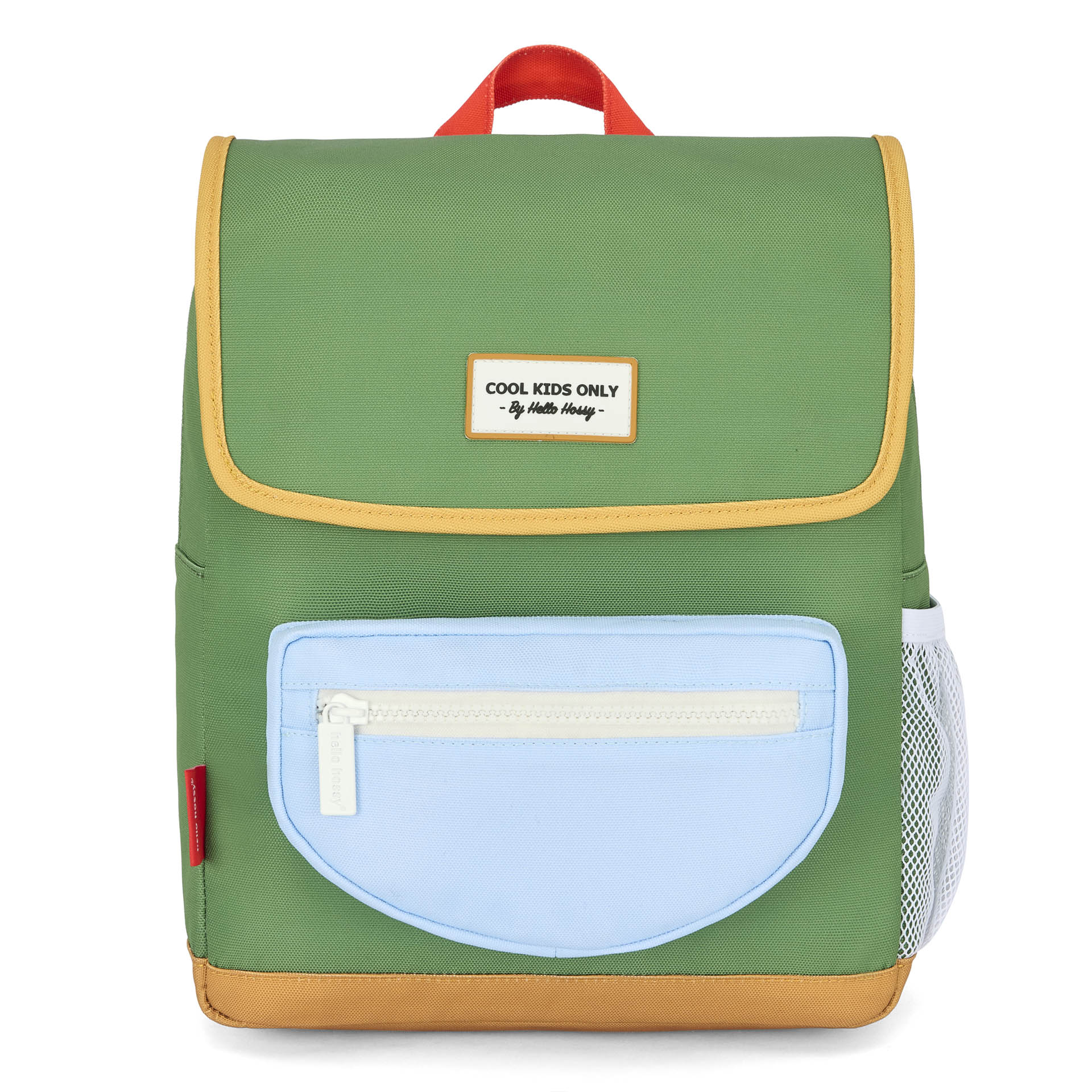 Sac à dos enfant vert poche bleue détail cuir Hello Hossy