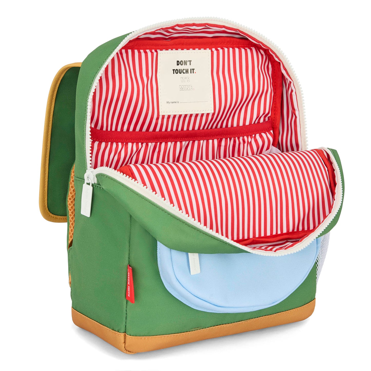 Sac à dos enfant vert poches bleu clair intérieur rayé rouge Hello Hossy