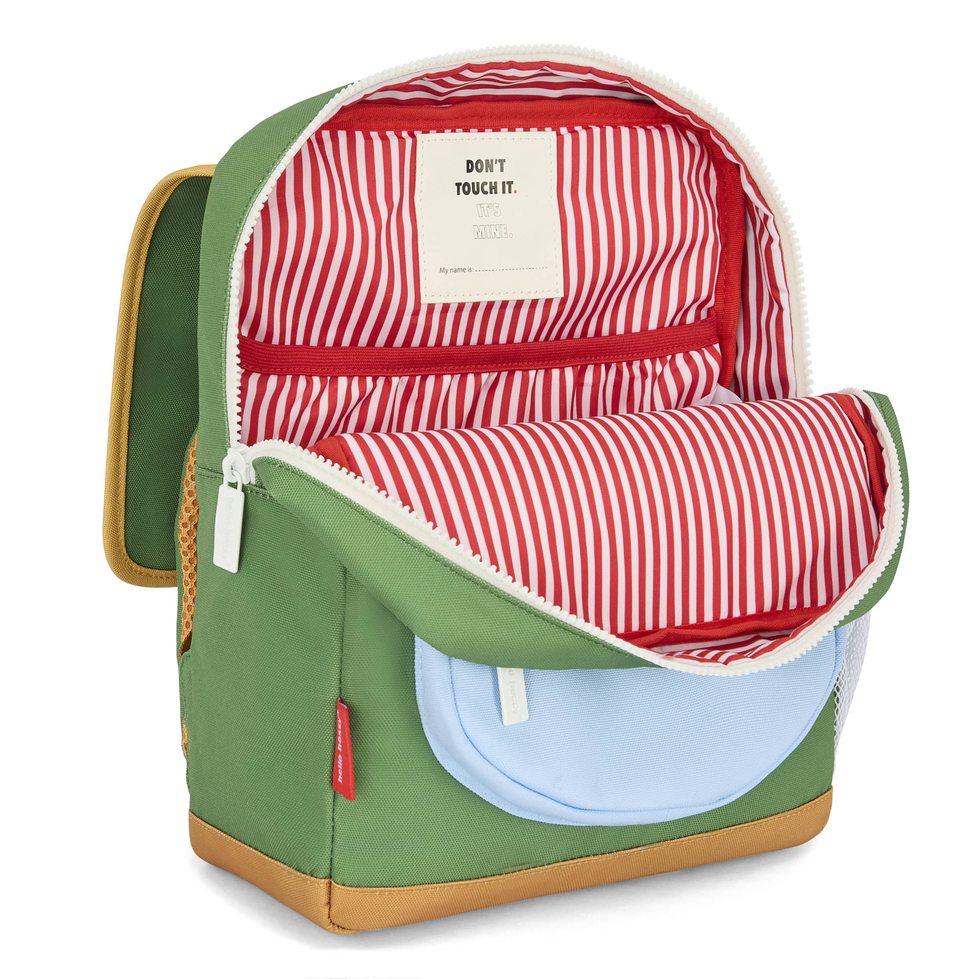 Sac à dos enfant vert poches bleu clair intérieur rayé rouge Hello Hossy