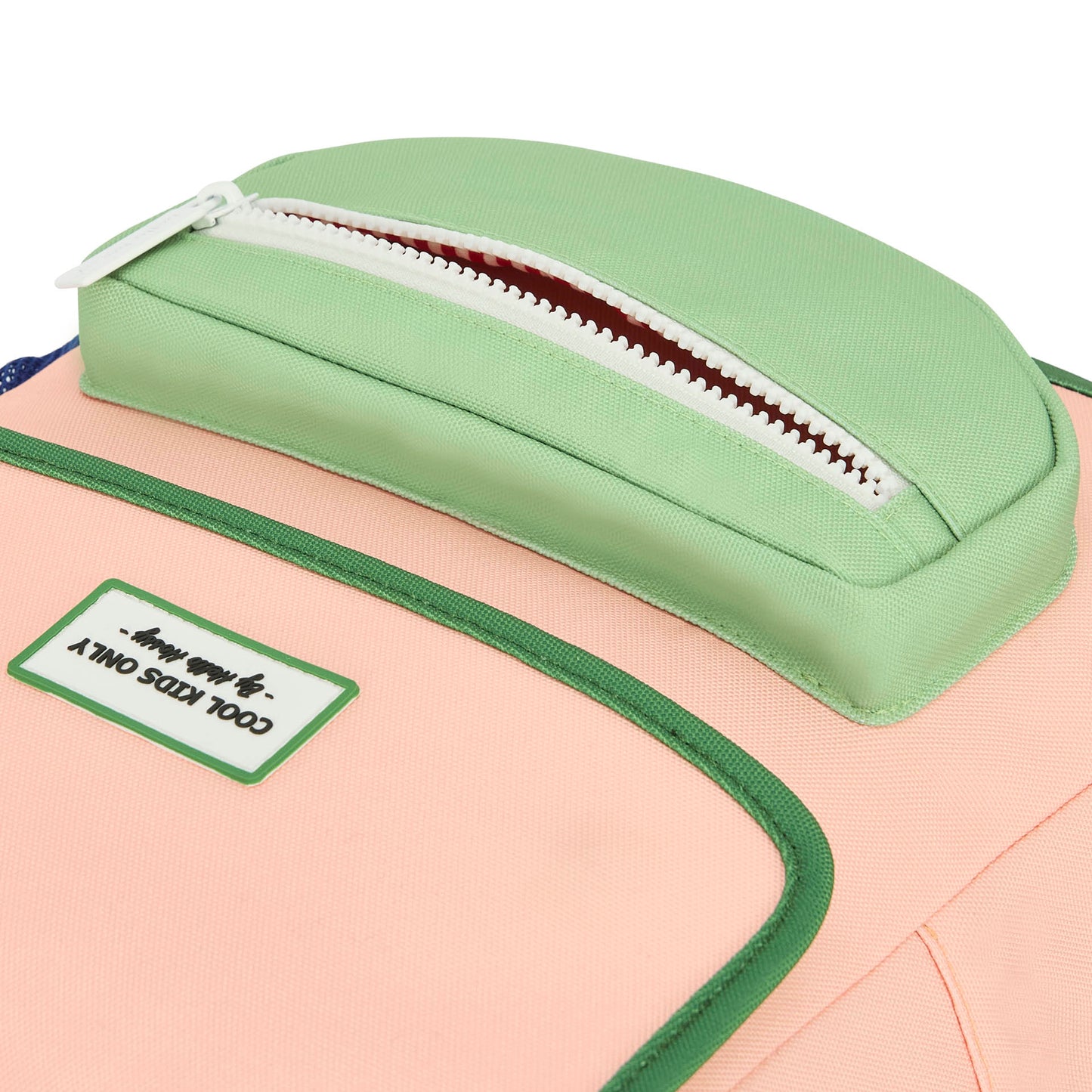 Sac à dos enfant rose vert détails poche avant Hello Hossy