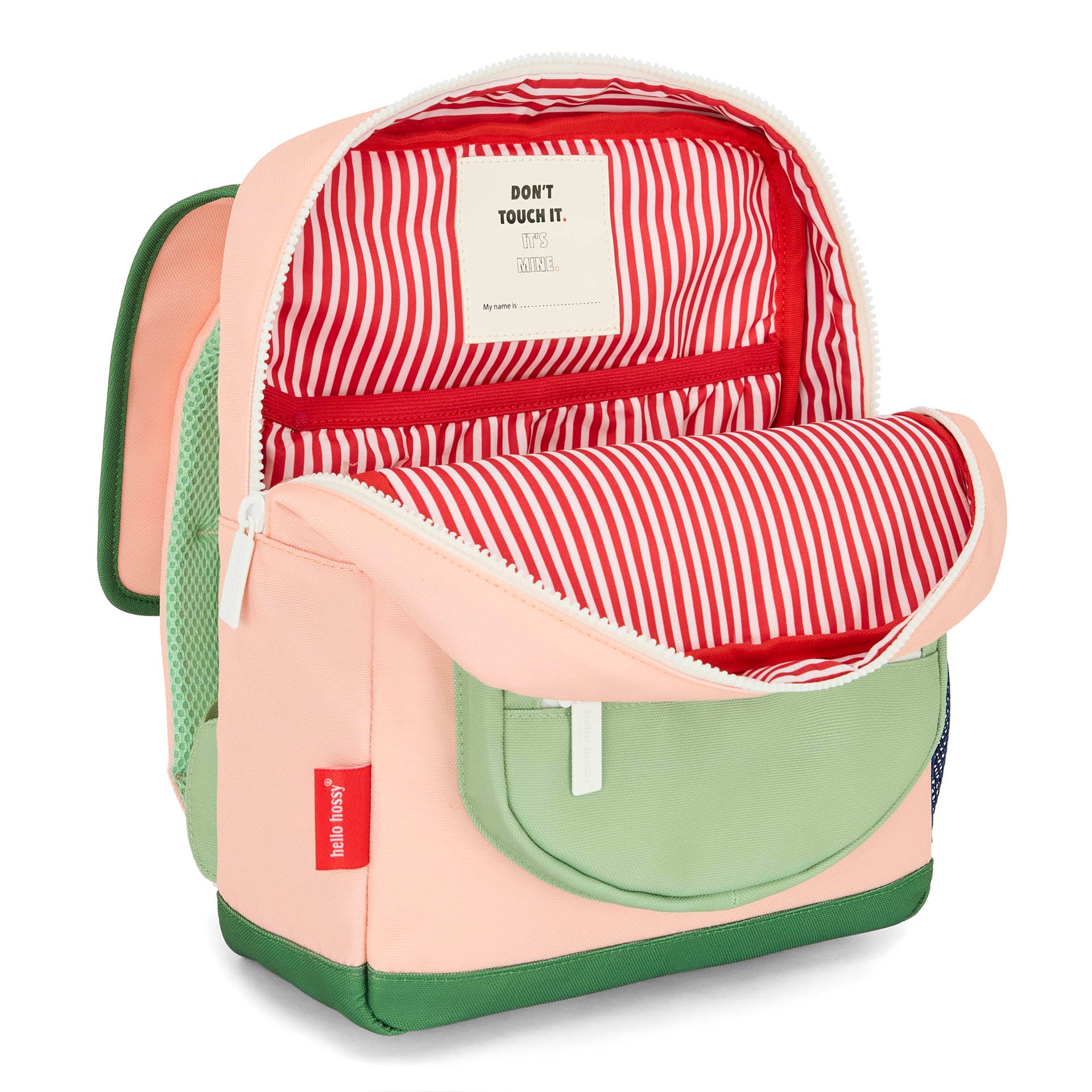 Sac à dos enfant rose vert intérieur rayé Hello Hossy