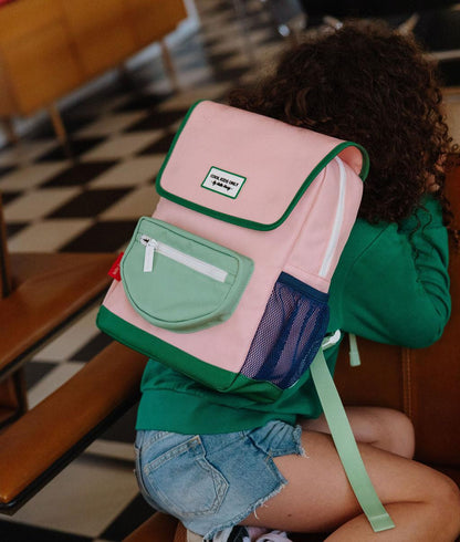 Sac à dos enfant rose vert poche avant filet Hello Hossy
