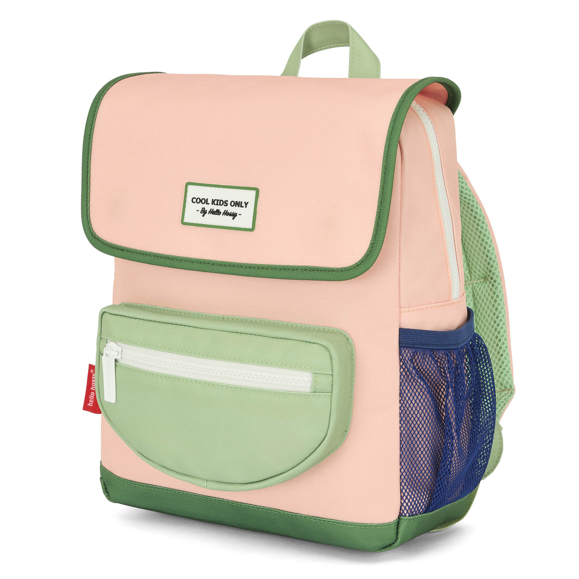 Sac à dos enfant rose vert poche avant Hello Hossy