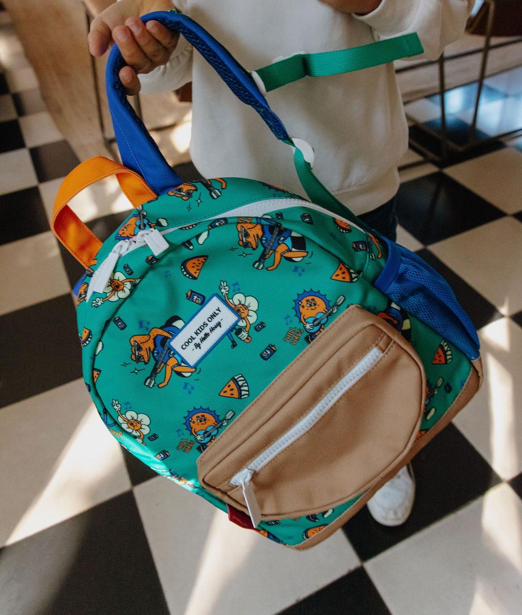 Sac à dos enfant vert imprimé animaux poche beige Hello Hossy